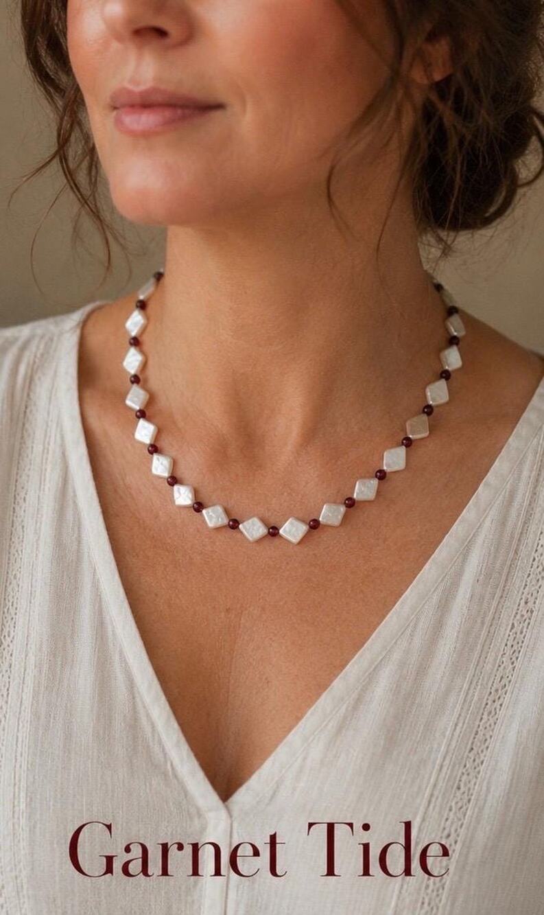 Garnet Tide Freshwater Pearl Necklace Sterling Silver Coastal Minimalist Jewelry